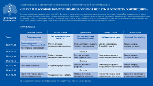 Летняя школа  «Наука в массовой коммуникации: учимся писать и говорить о медицине»